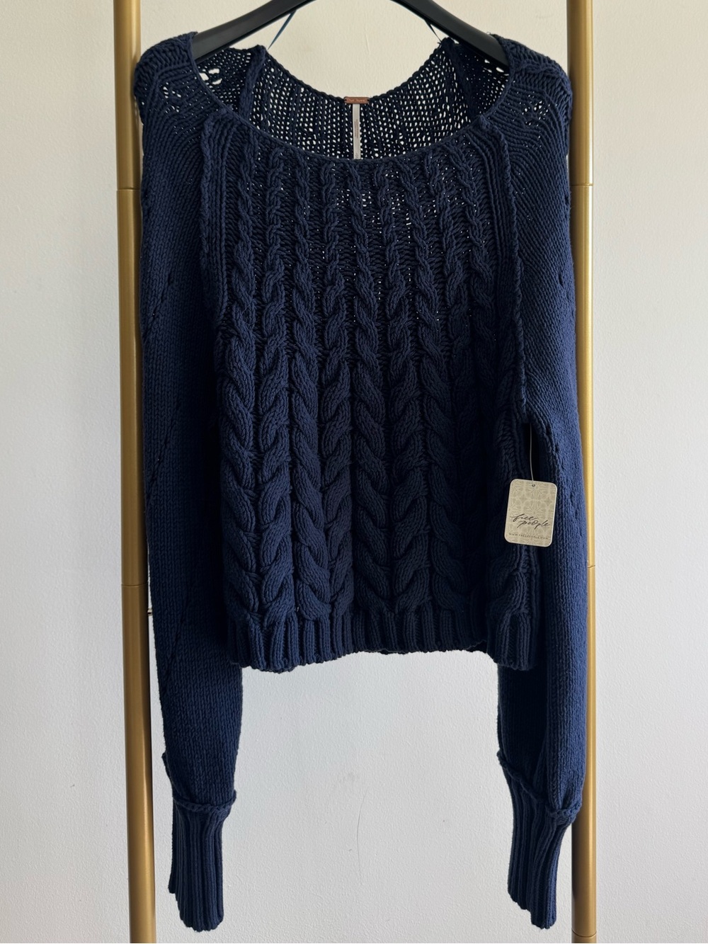 Free People Navy Cable Crewneck Sweater